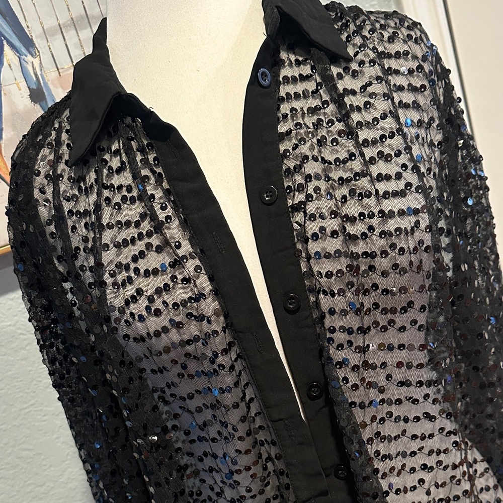 PrettyLittleThing Sz 6 Oversized Black Sequined Button Down Shirt - Picture 2 of 8